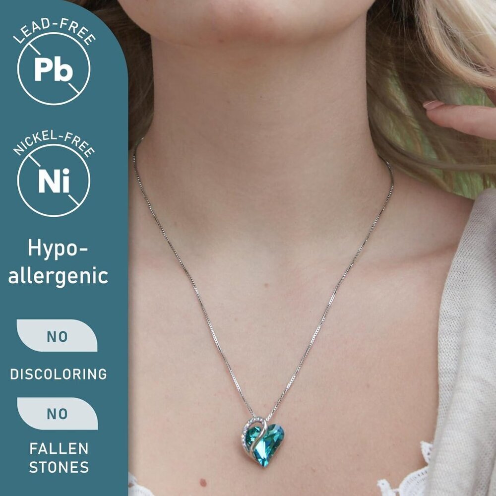 Infinity Love Birthstone Heart Pendant Zircon Blue Necklace Women Mom Silver - Picture 2 of 8